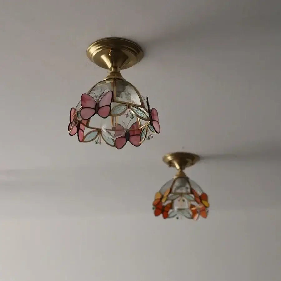 Brass red butterfly glass led ceiling light bedroom decor