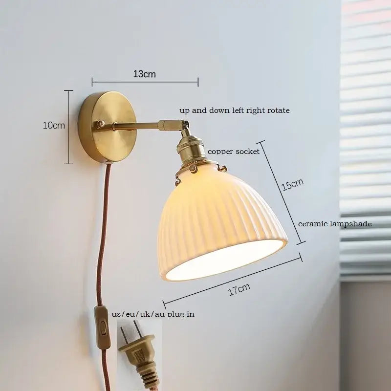 Brass ribbed ceramic led wall sconce lamp for bedroom mirror lighting