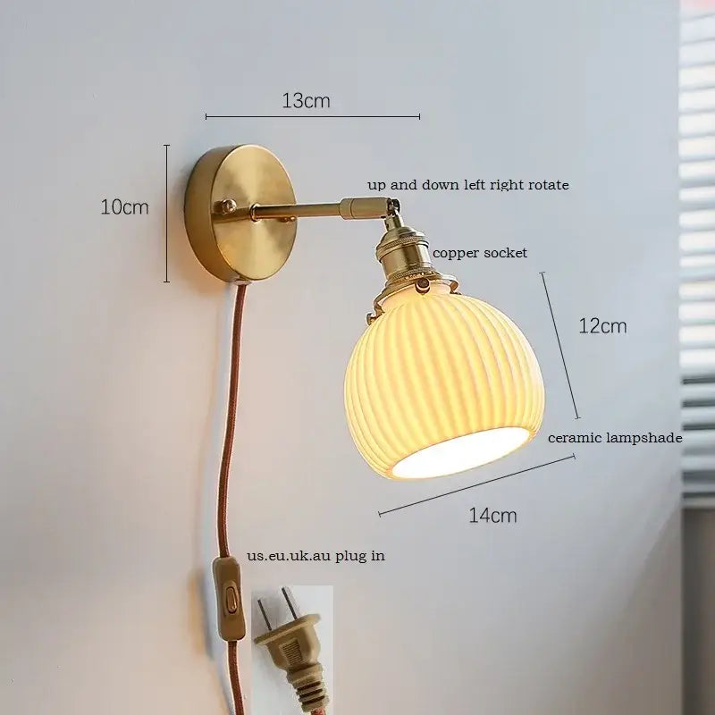Brass ribbed ceramic led wall sconce lamp for bedroom mirror lighting