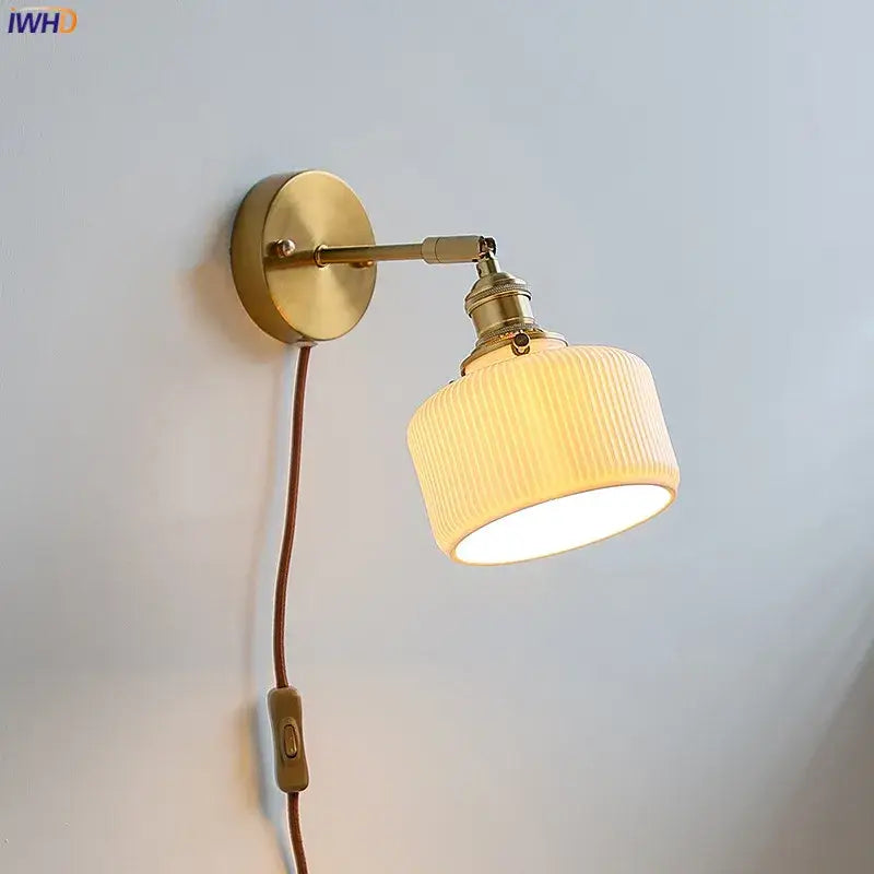 Brass ribbed decorbites ceramic wall sconce with iron arm bedroom light