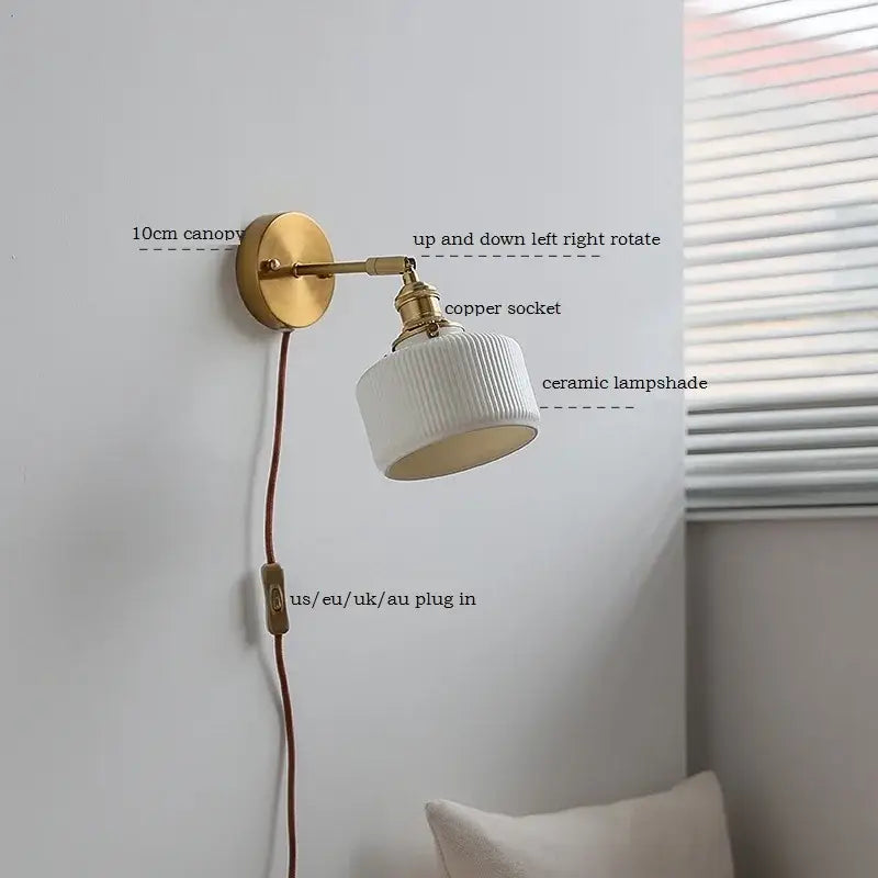 Brass ribbed decorbites ceramic wall sconce with iron arm bedroom light