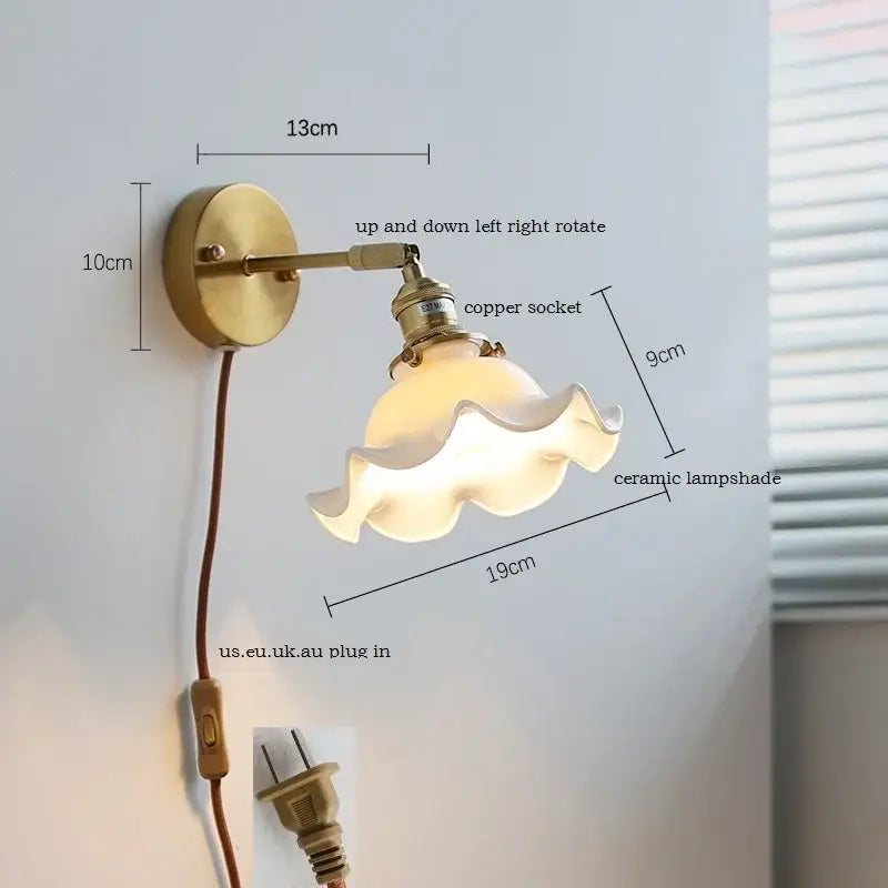 Brass ribbed decorbites ceramic wall sconce with iron arm bedroom light