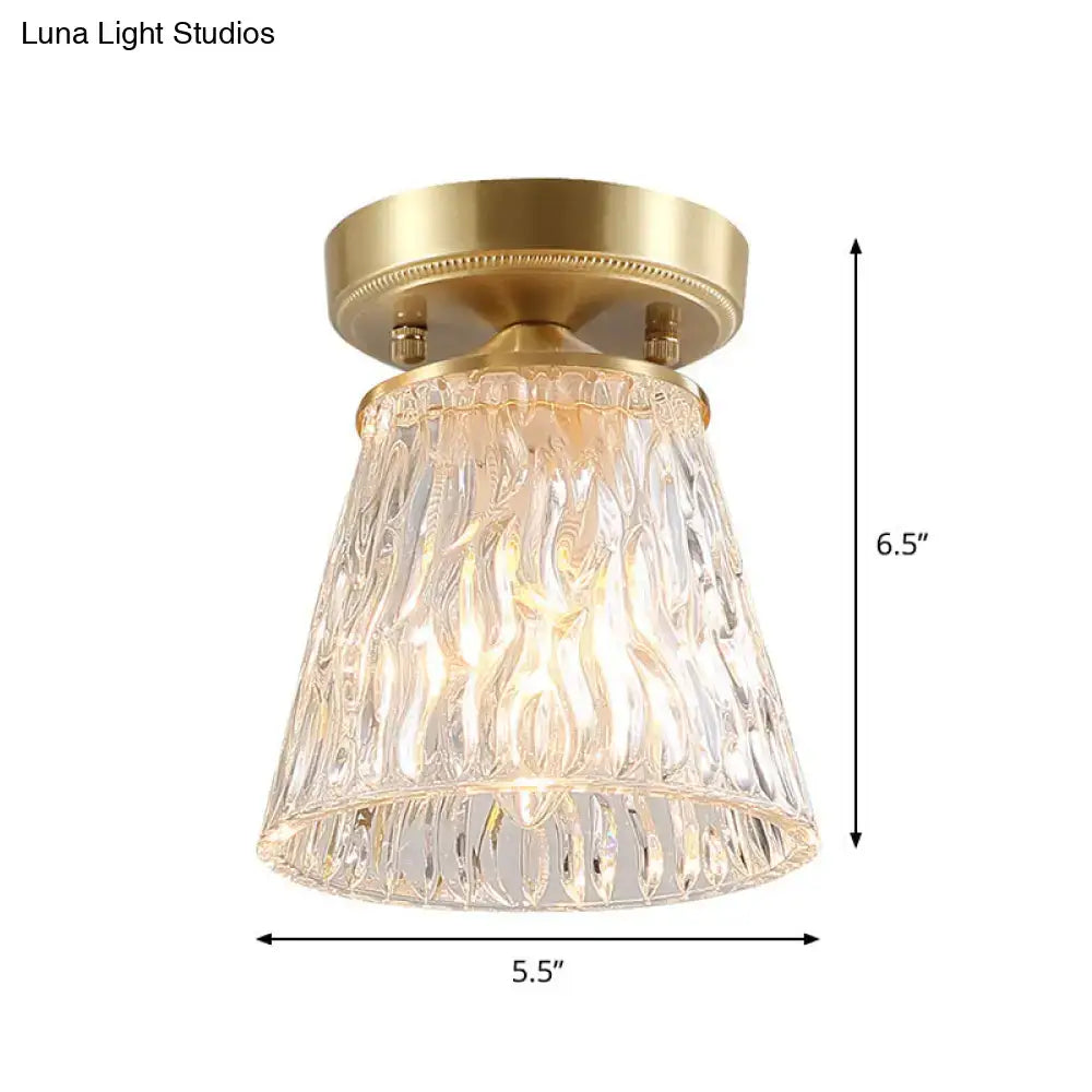 Brass semi flush mount with clear fluted glass for living room
