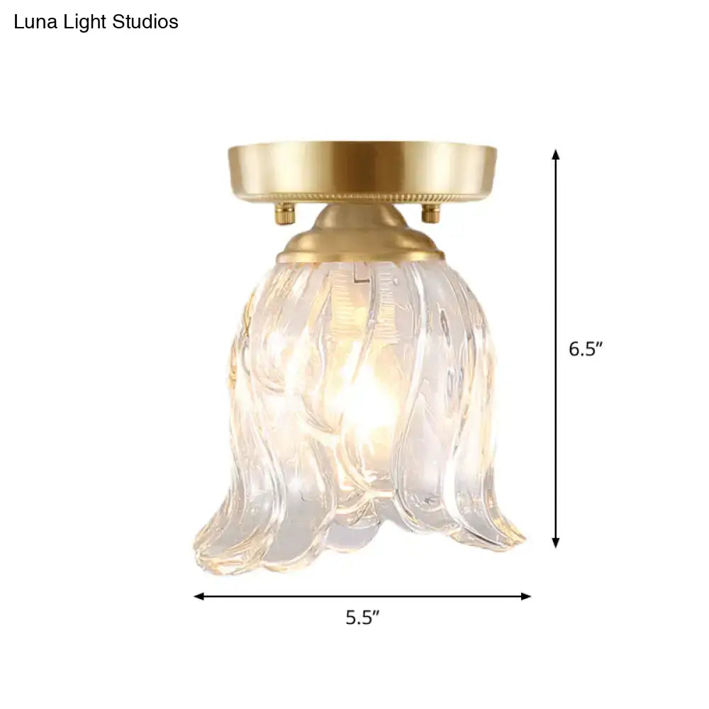 Brass semi flush mount with clear fluted glass for living room