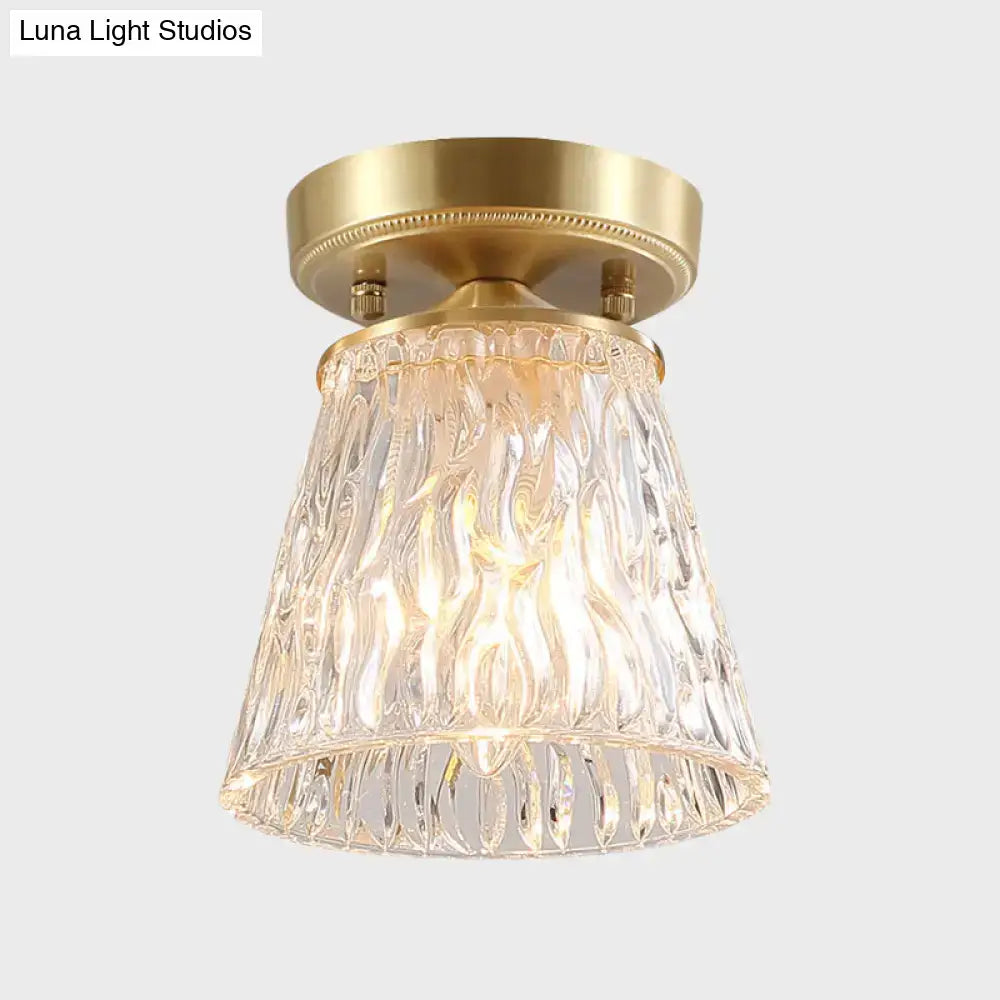 Brass semi flush mount with clear fluted glass for living room