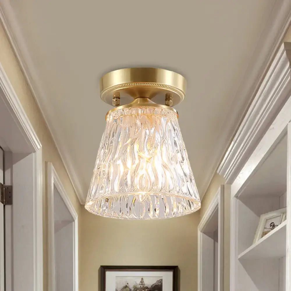 Brass semi flush mount with clear fluted glass for living room