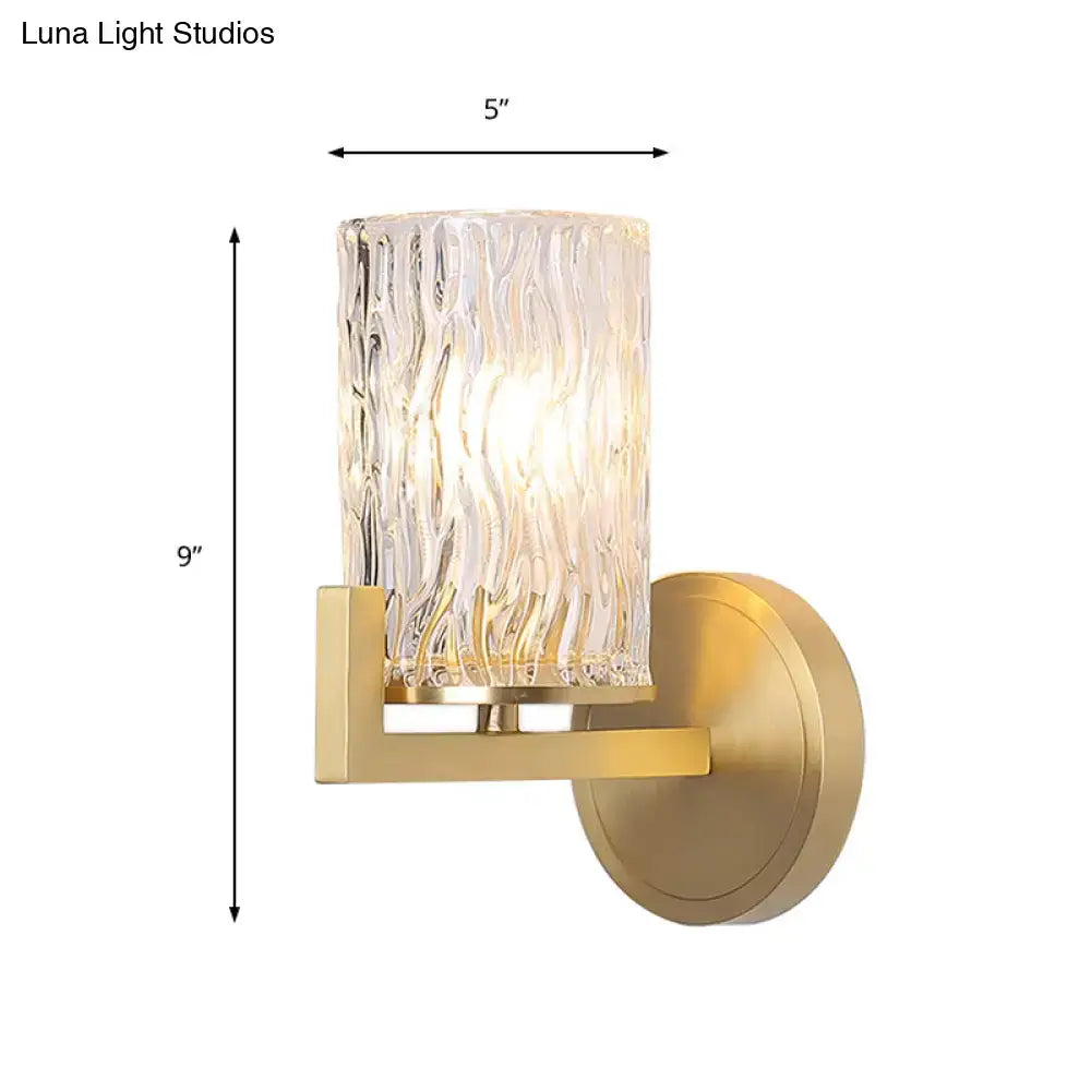 Brass wall light with cylinder rippled glass – bedroom sconce