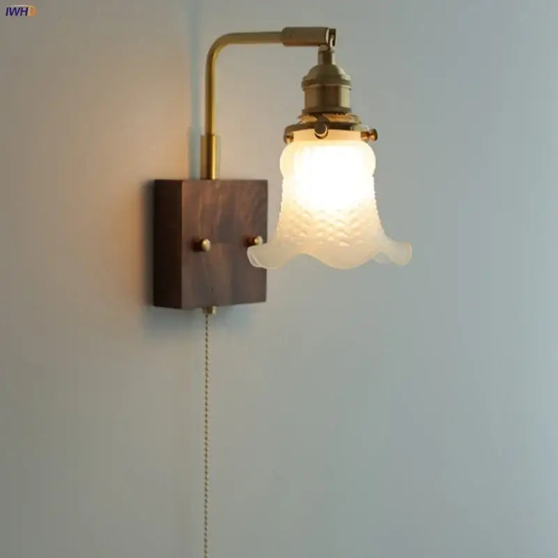 Brass walnut wood wall sconce bedroom flower glass light