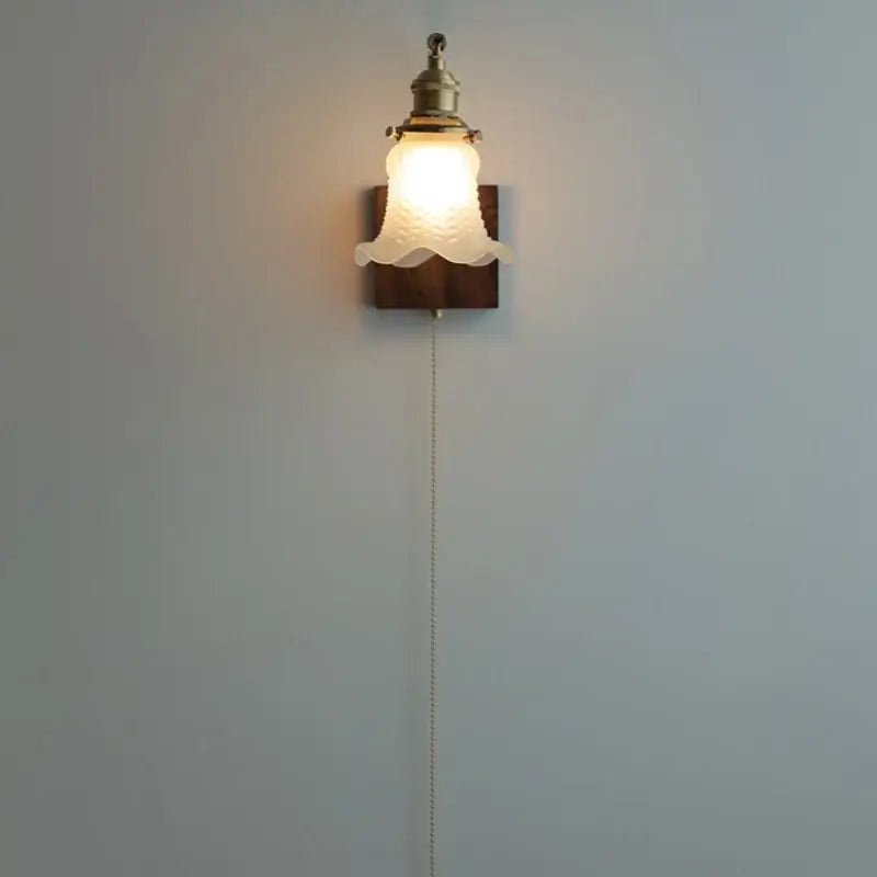 Brass walnut wood wall sconce bedroom flower glass light