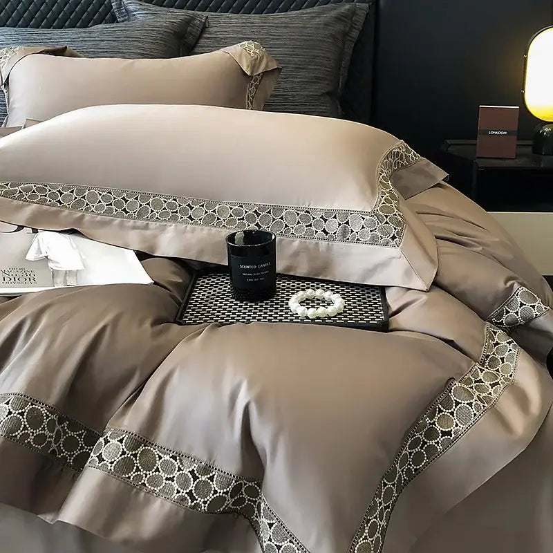 Brown lace embroidery bedding set – bedroom egyptian cotton linen