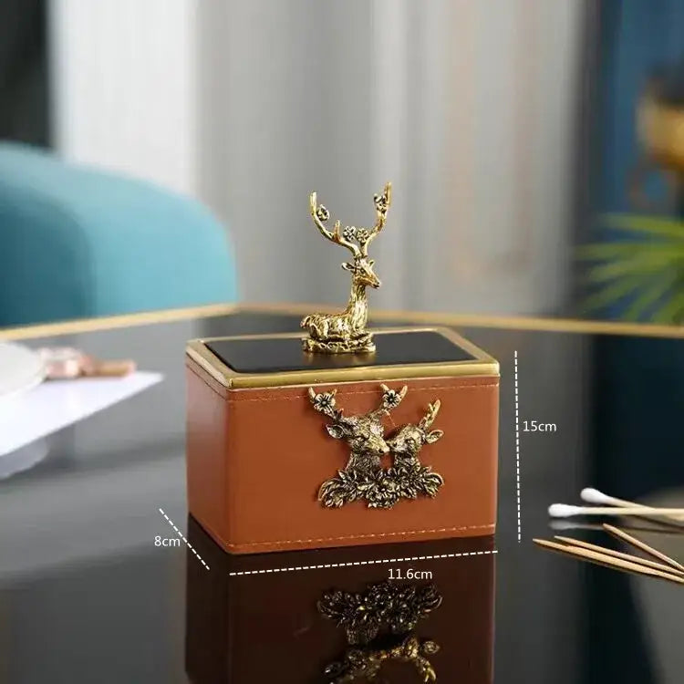 Brown leather desktop storage basket with gold deer for office