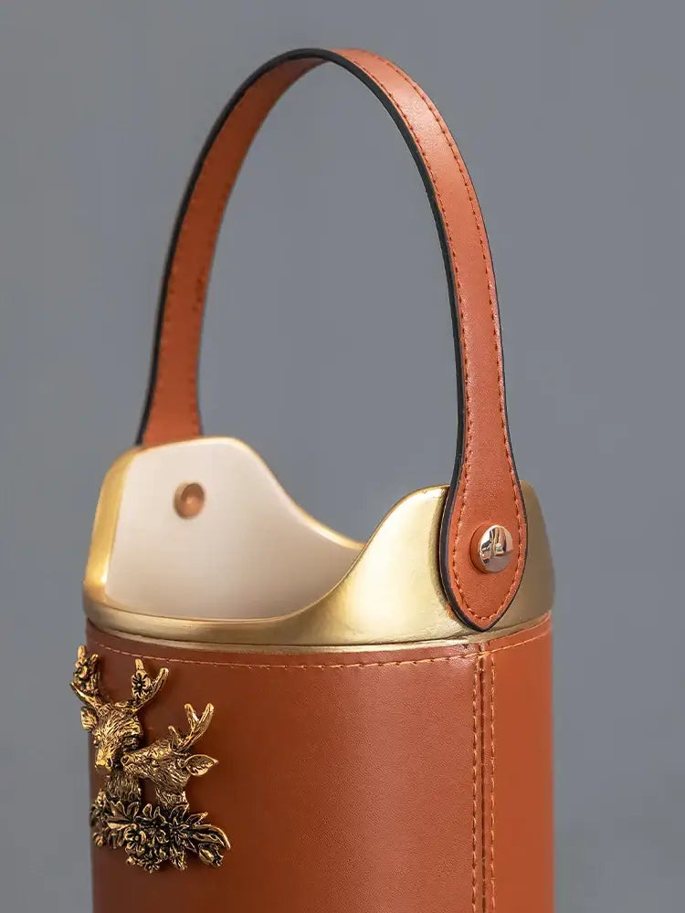 Brown leather desktop storage basket with gold deer for office
