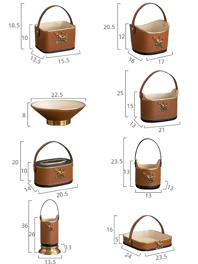 Brown leather desktop storage basket with gold deer for office