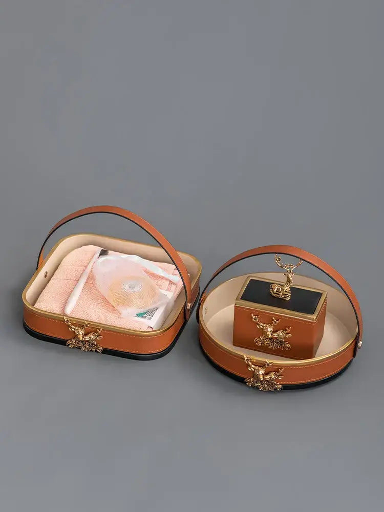 Brown leather desktop storage basket with gold deer for office