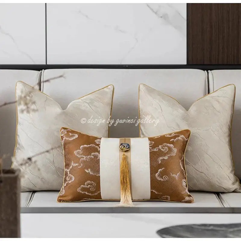 Brown & white auspicious clouds jacquard throw pillow cover living room