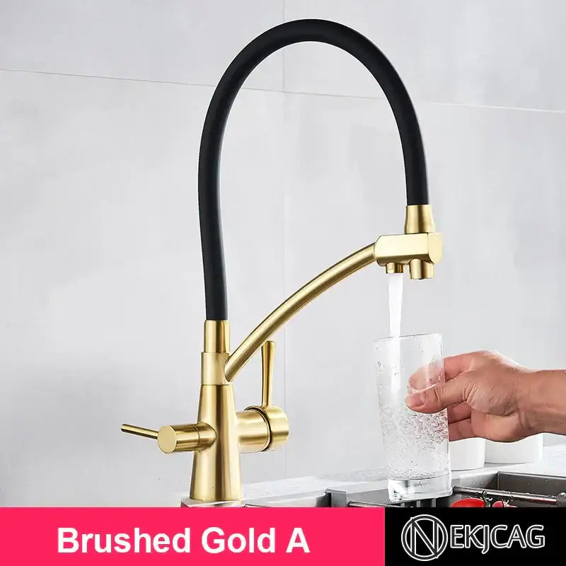Brushed gold and black kitchen faucet with dual handles and filter