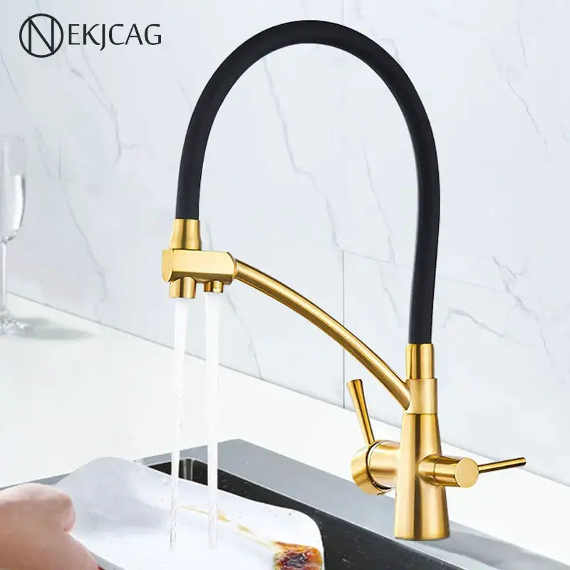 Brushed gold and black kitchen faucet with dual handles and filter
