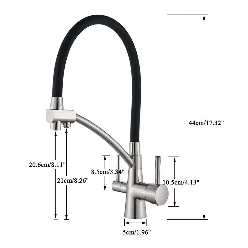 Brushed gold and black kitchen faucet with dual handles and filter