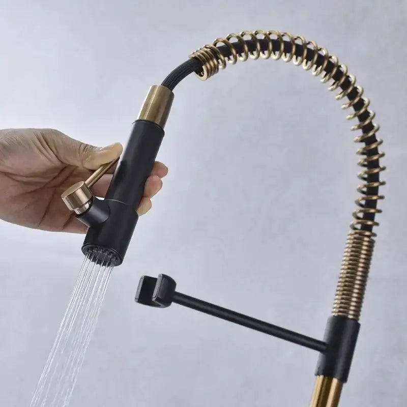 Brushed gold & black spring kitchen faucet with pull down spout