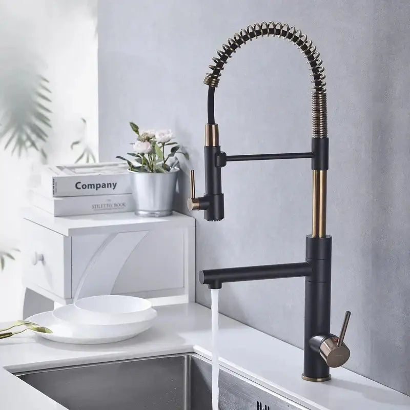 Brushed gold & black spring kitchen faucet with pull down spout