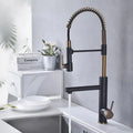 Brushed gold & black spring kitchen faucet with pull down spout