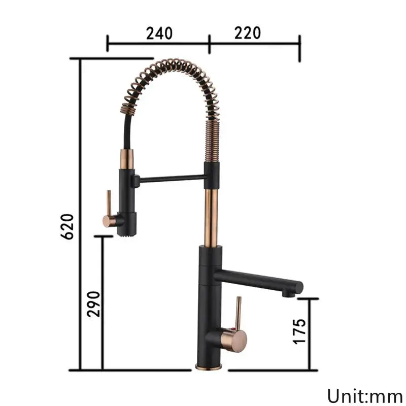Brushed gold & black spring kitchen faucet with pull down spout