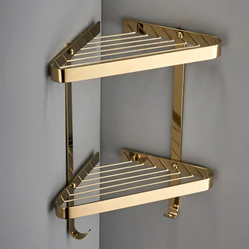 Brushed gold brass bathroom shower rack with hooks corner storage