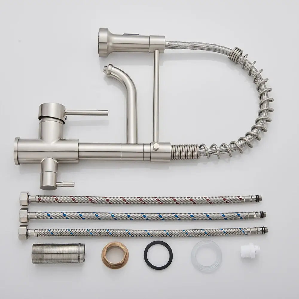 Brushed nickel kitchen faucet with pull down sprayer and spring hose