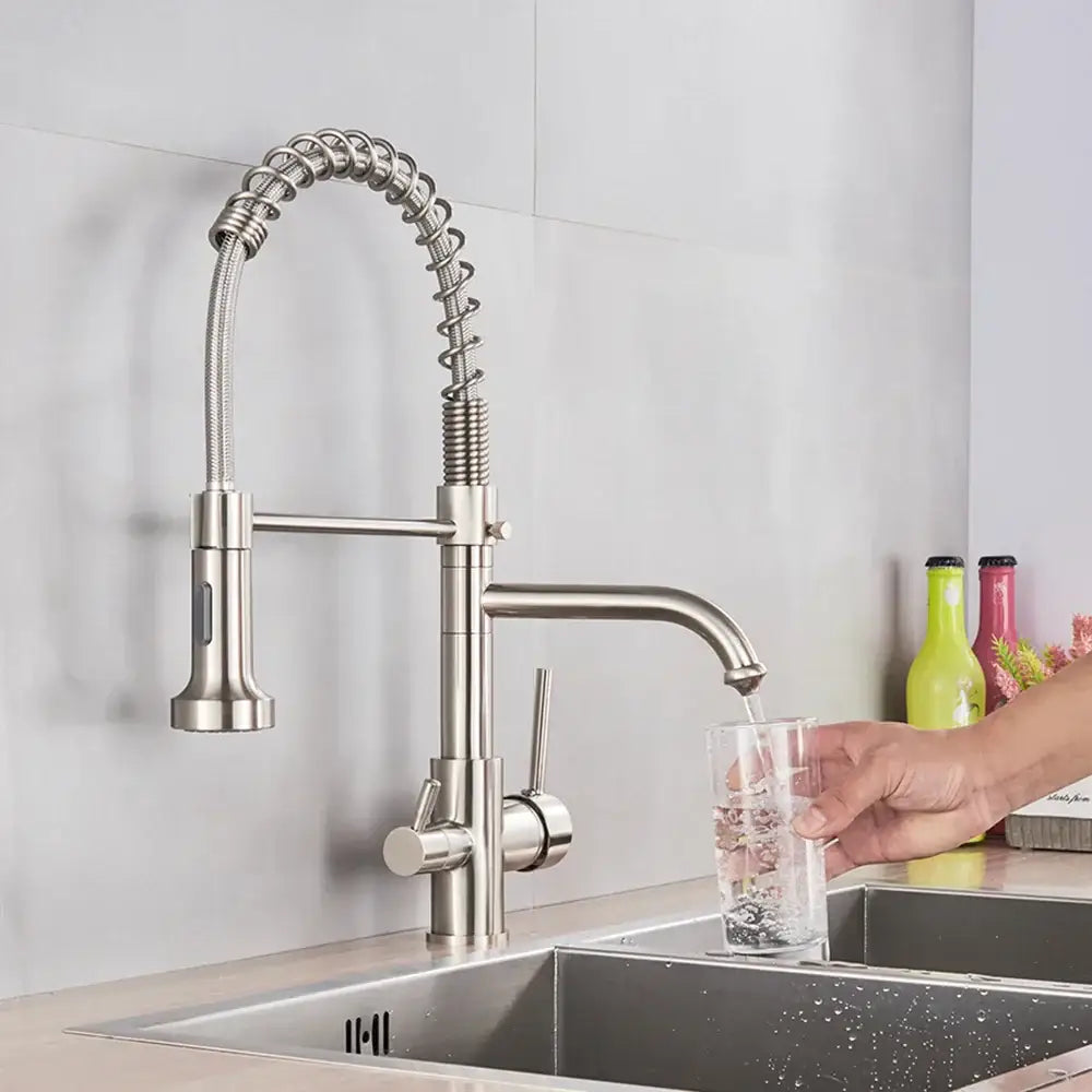 Brushed nickel kitchen faucet with pull down sprayer and spring hose