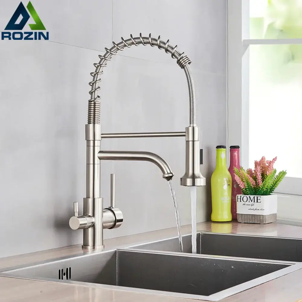 Brushed nickel kitchen faucet with pull down sprayer and spring hose