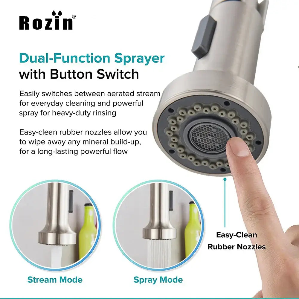 Brushed nickel kitchen faucet with pull down sprayer and spring hose