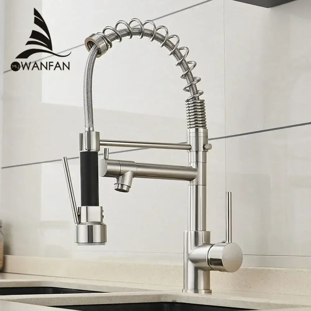 Brushed nickel kitchen faucet with swivel water outlet