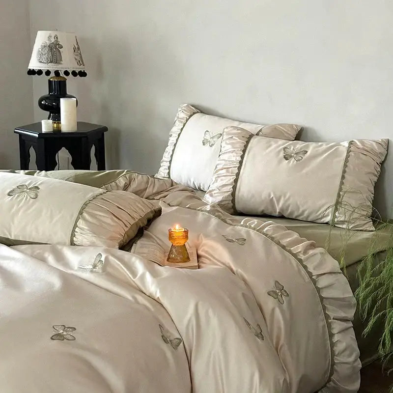 Butterfly embroidery cream satin bedding set bedroom duvet sheet