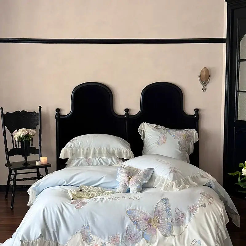 Butterfly embroidery lace ruffles bedding set light blue bedroom cotton