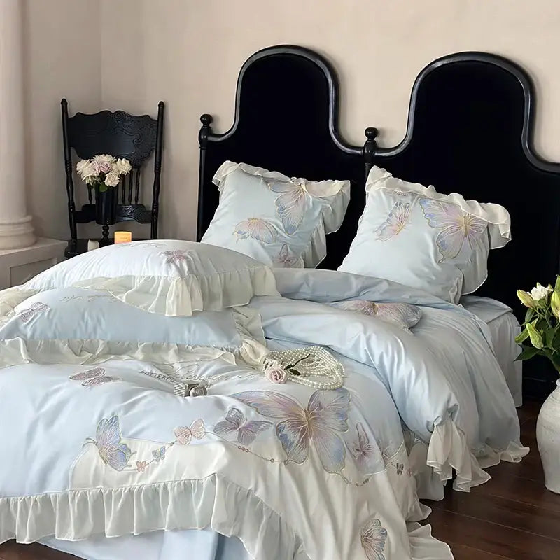 Butterfly embroidery lace ruffles bedding set light blue bedroom cotton
