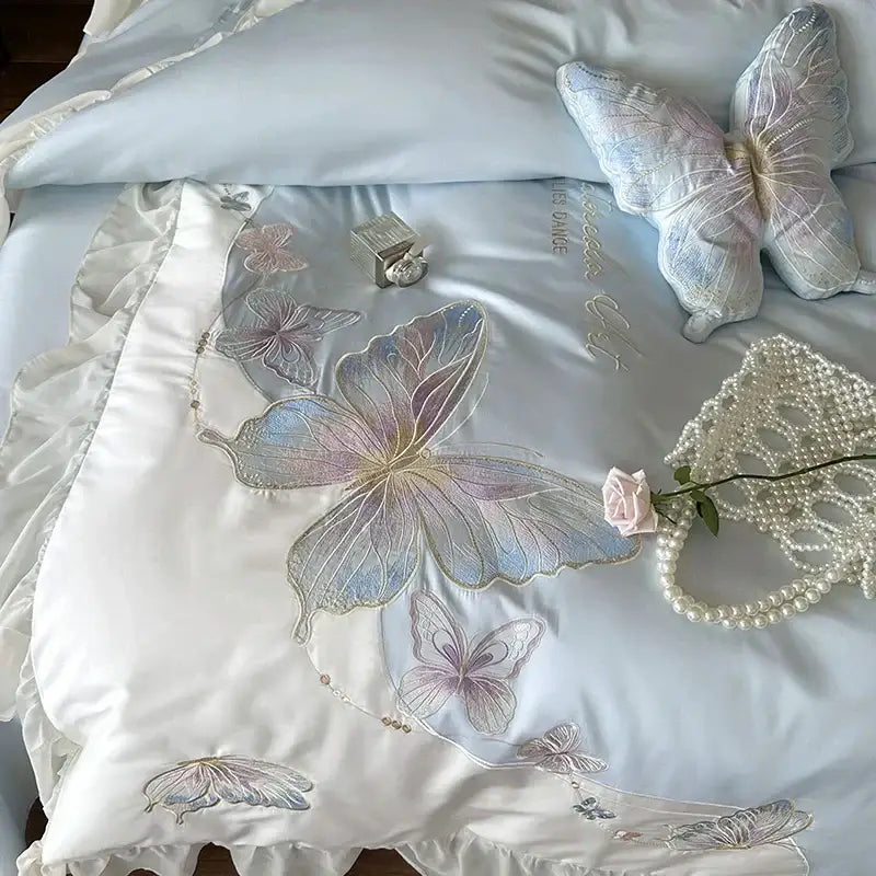 Butterfly embroidery lace ruffles bedding set light blue bedroom cotton