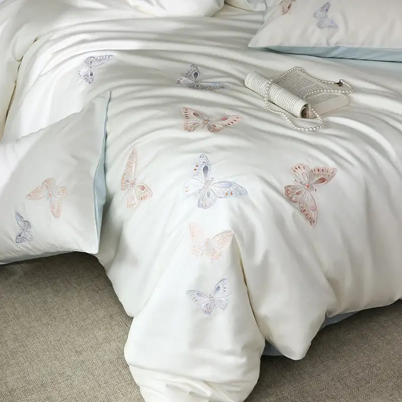Butterfly embroidery white lyocell cotton bedding set bedroom sheets