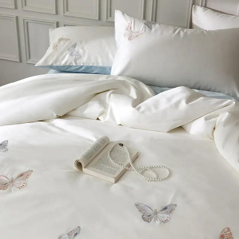 Butterfly embroidery white lyocell cotton bedding set bedroom sheets