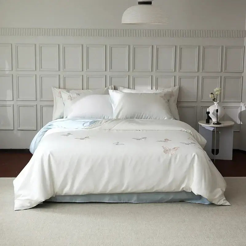 Butterfly embroidery white lyocell cotton bedding set bedroom sheets