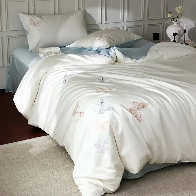 Butterfly embroidery white lyocell cotton bedding set bedroom sheets
