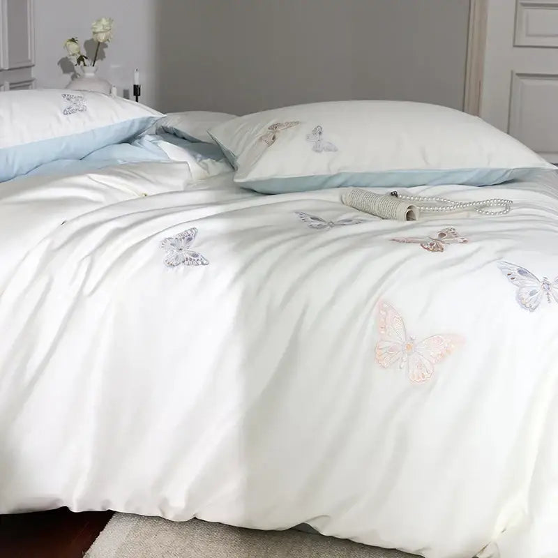 Butterfly embroidery white lyocell cotton bedding set bedroom sheets