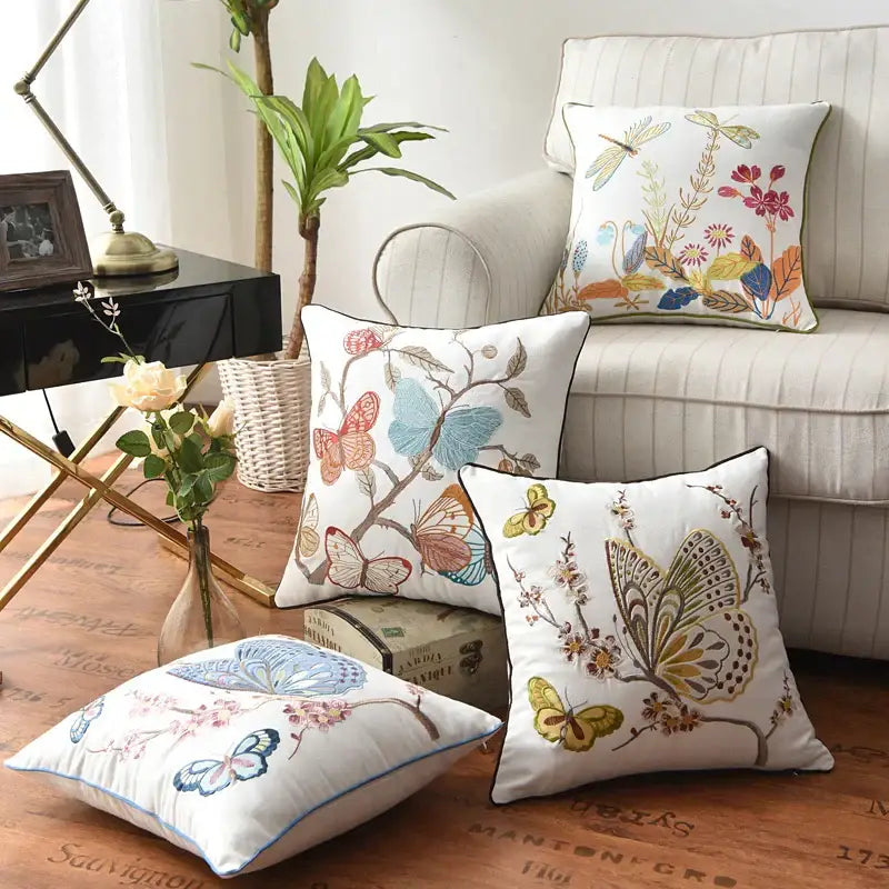 Butterfly floral cotton pillow cover bedroom embroidered decor