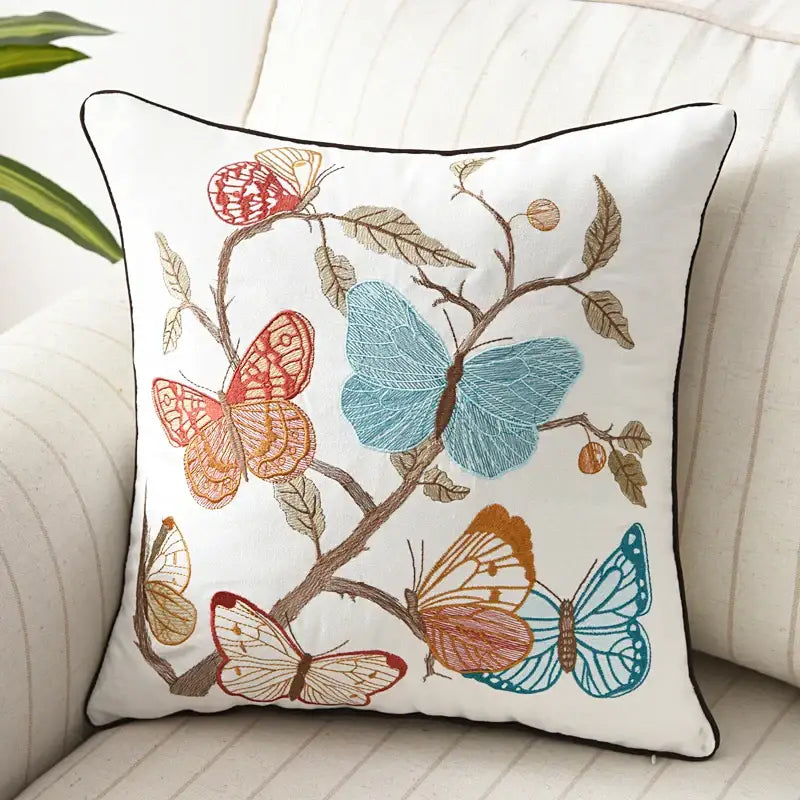 Butterfly floral cotton pillow cover bedroom embroidered decor
