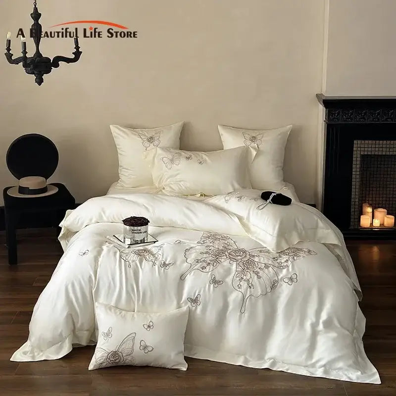 Butterfly flowers embroidery cream satin bedding set bedroom