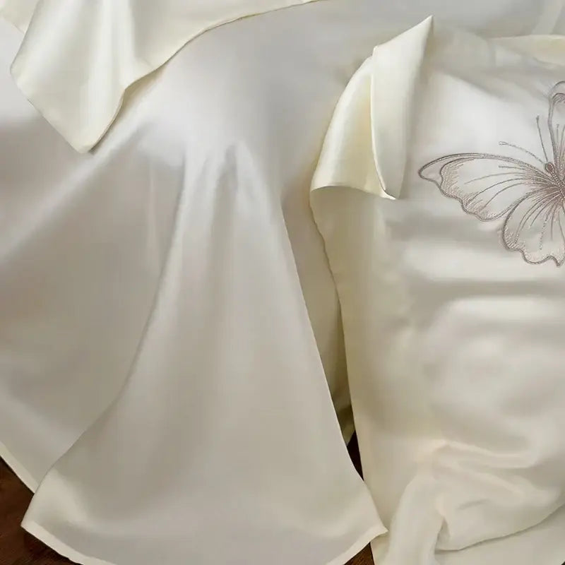 Butterfly flowers embroidery cream satin bedding set bedroom