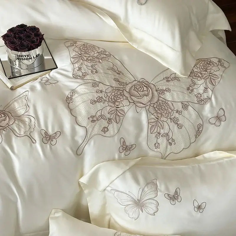 Butterfly flowers embroidery cream satin bedding set bedroom
