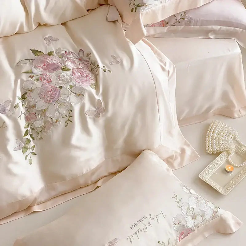 Butterfly flowers embroidery cream satin bedding set bedroom decor