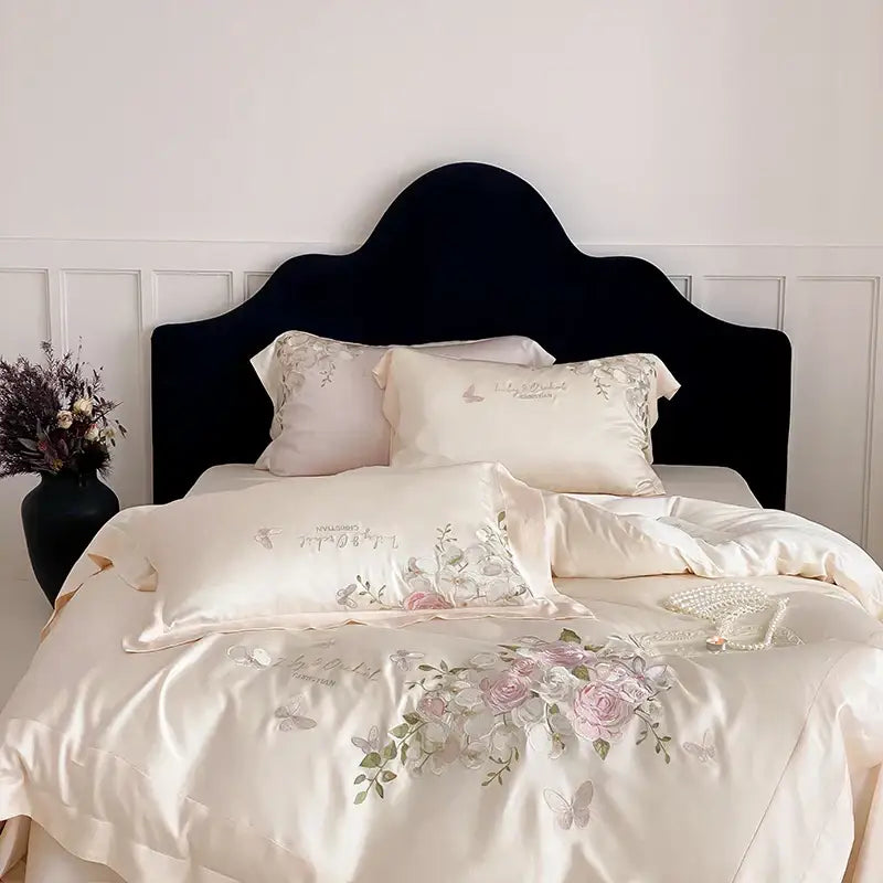 Butterfly flowers embroidery cream satin bedding set bedroom decor