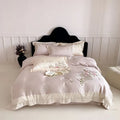 Butterfly flowers embroidery cream satin bedding set bedroom decor