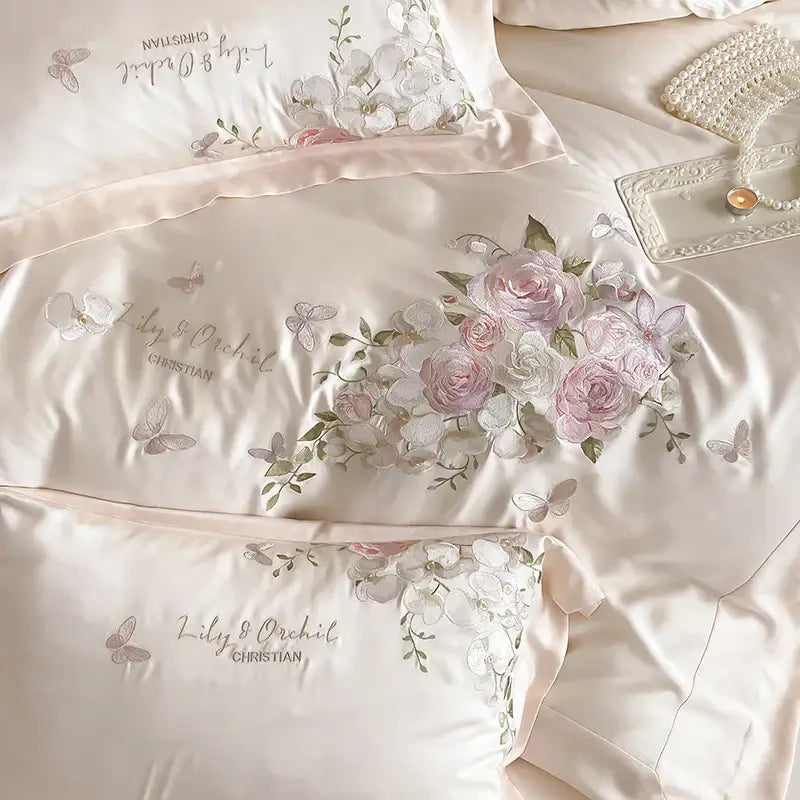 Butterfly flowers embroidery cream satin bedding set bedroom decor